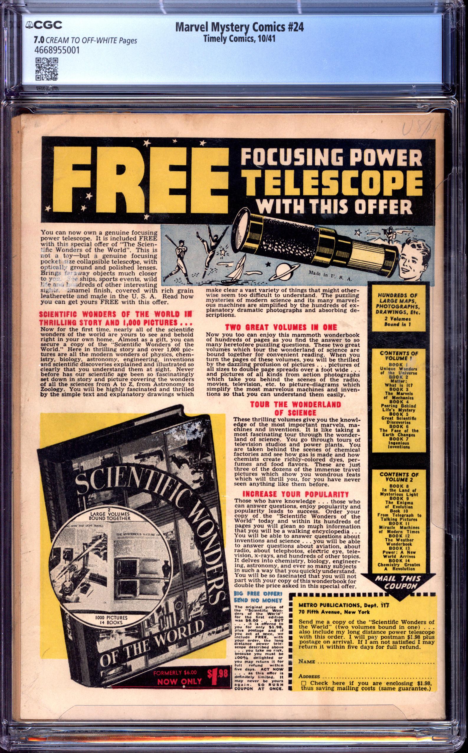 MARVEL MYSTERY COMICS Back Cover