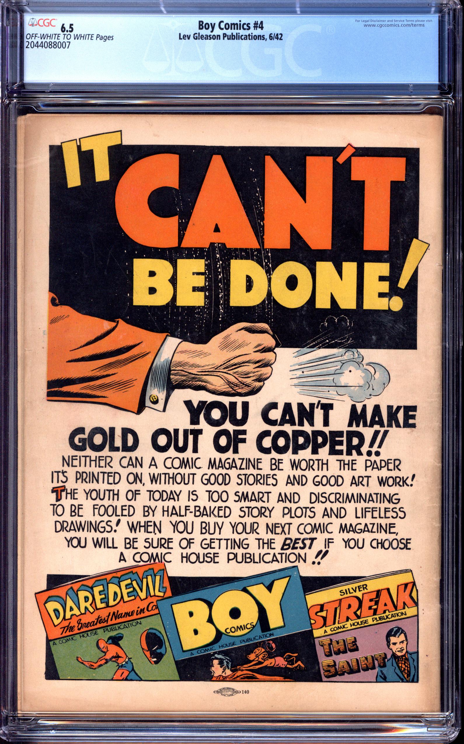 BOY COMICS Back Cover