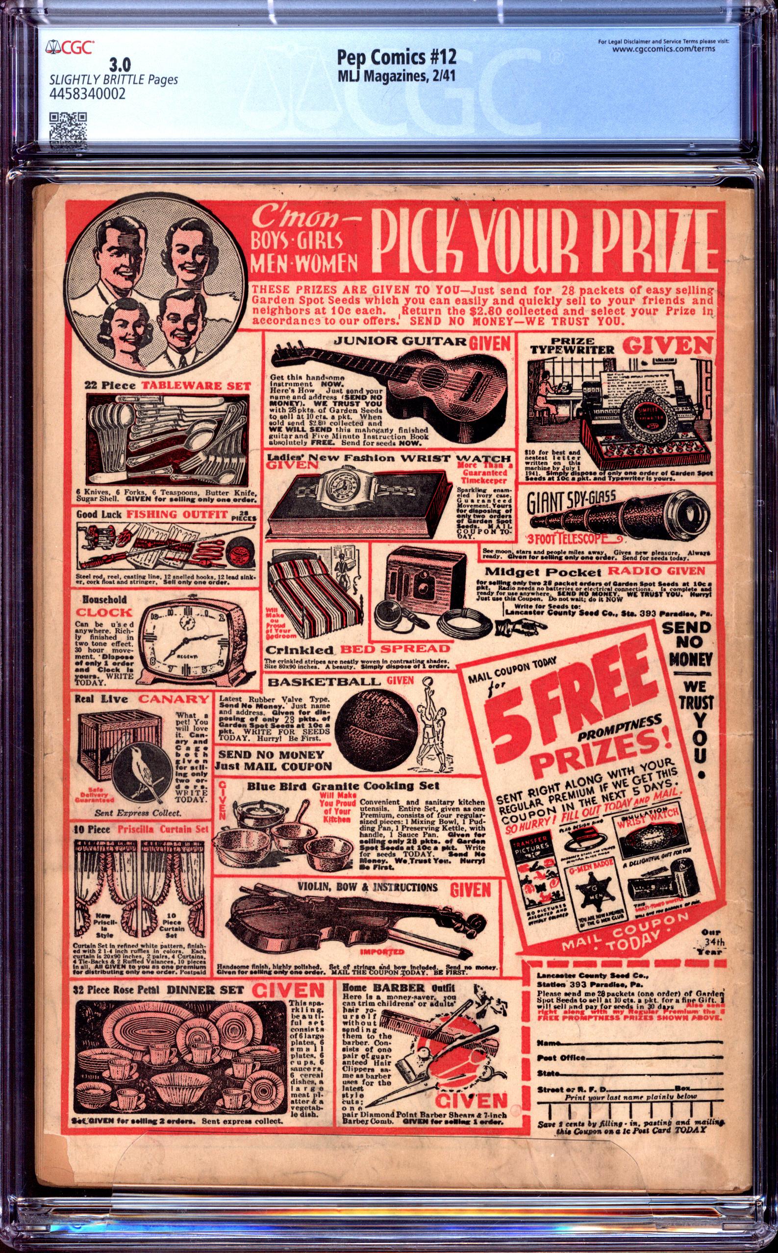 PEP COMICS Back Cover